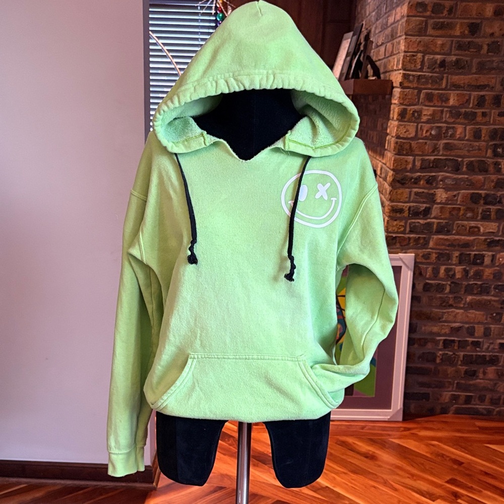 Love Junkie Lime Green Faded Wash Vintage Girls Hoodie with Smiley Logo, USED